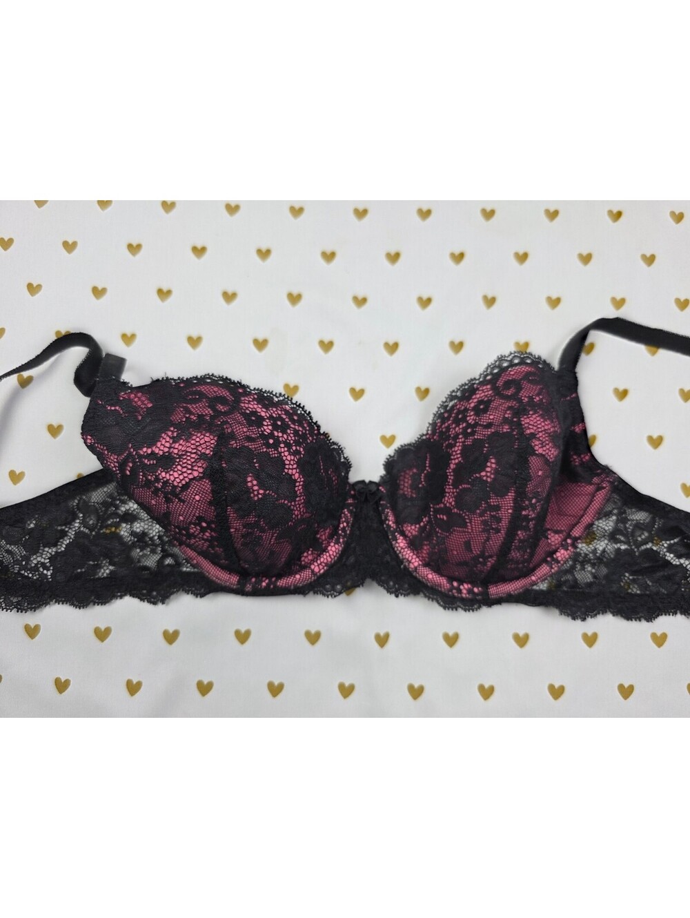 Victorias Secret Dream Angels Pink Black Lace Lined Demi Balconette Bra 34C